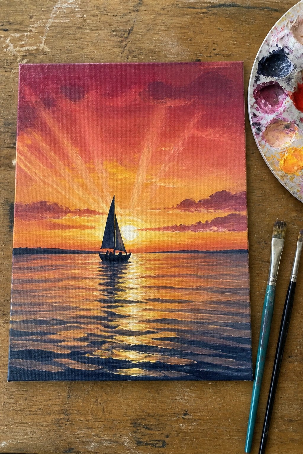 Canvas painting of sailboat on reflective water under vibrant sunset beside palette and brushes