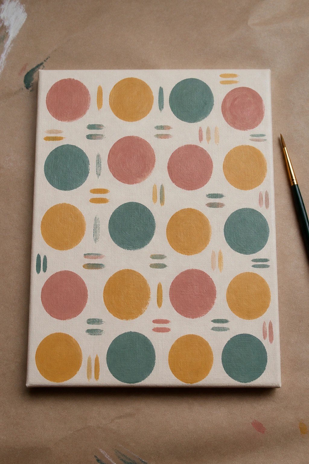 Colorful abstract canvas with pink, yellow, and teal circles plus decorative marks beside a paintbrush