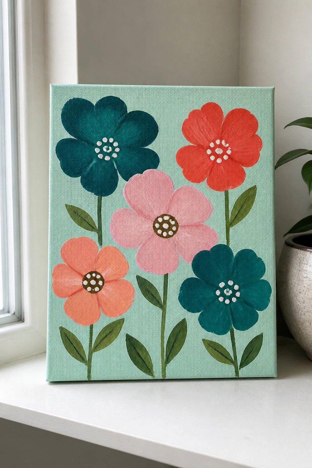 Colorful painted flowers with green stems and leaves on a mint canvas.