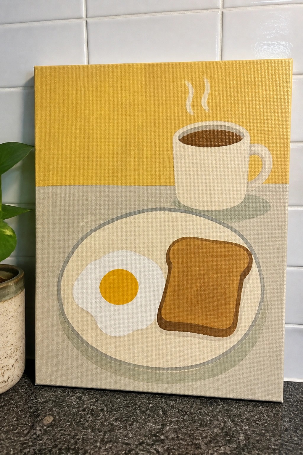 Yellow-gray painting of egg and toast on plate beside steaming coffee mug