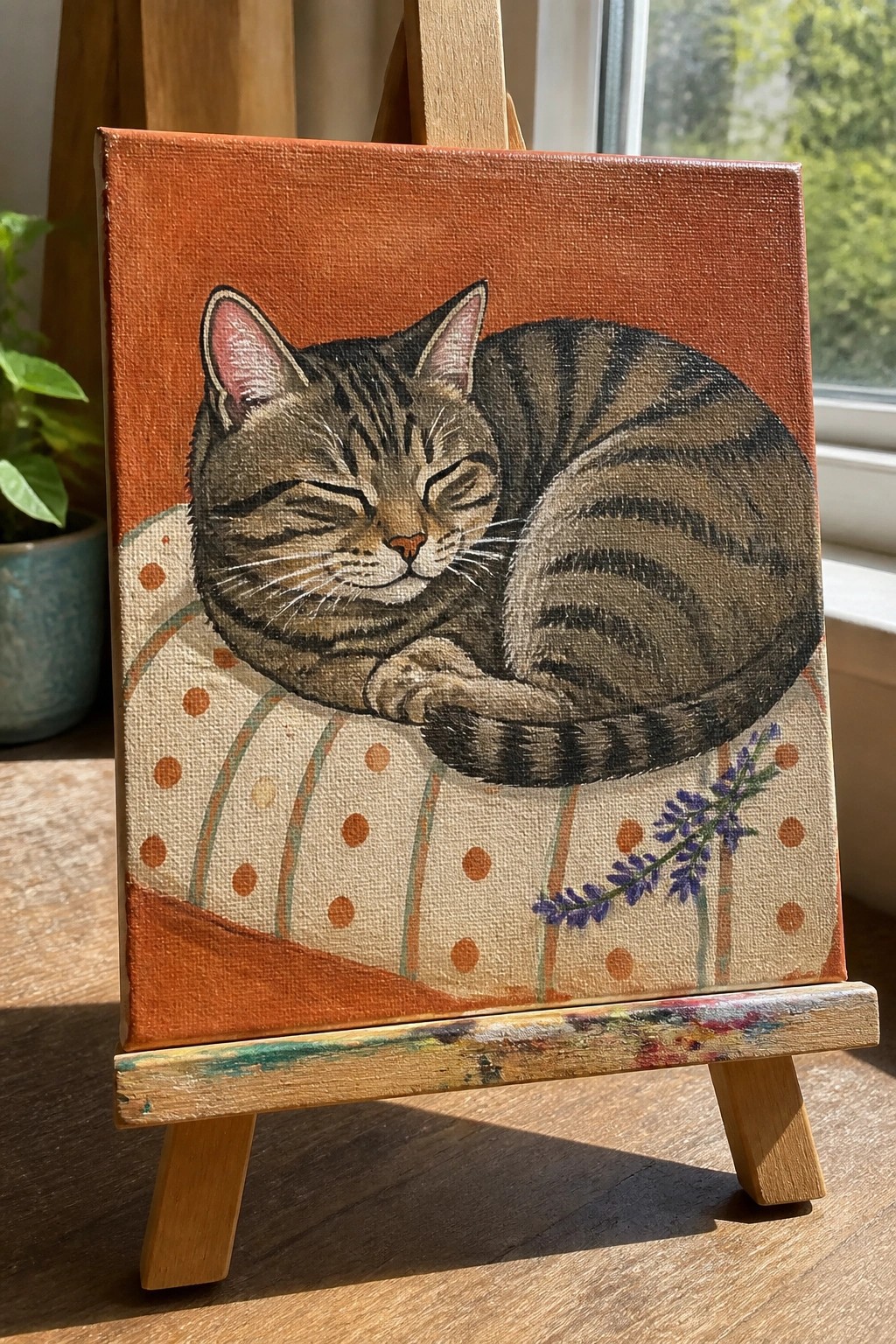 Sleeping tabby cat curled on dotted cushion against orange background on wooden easel