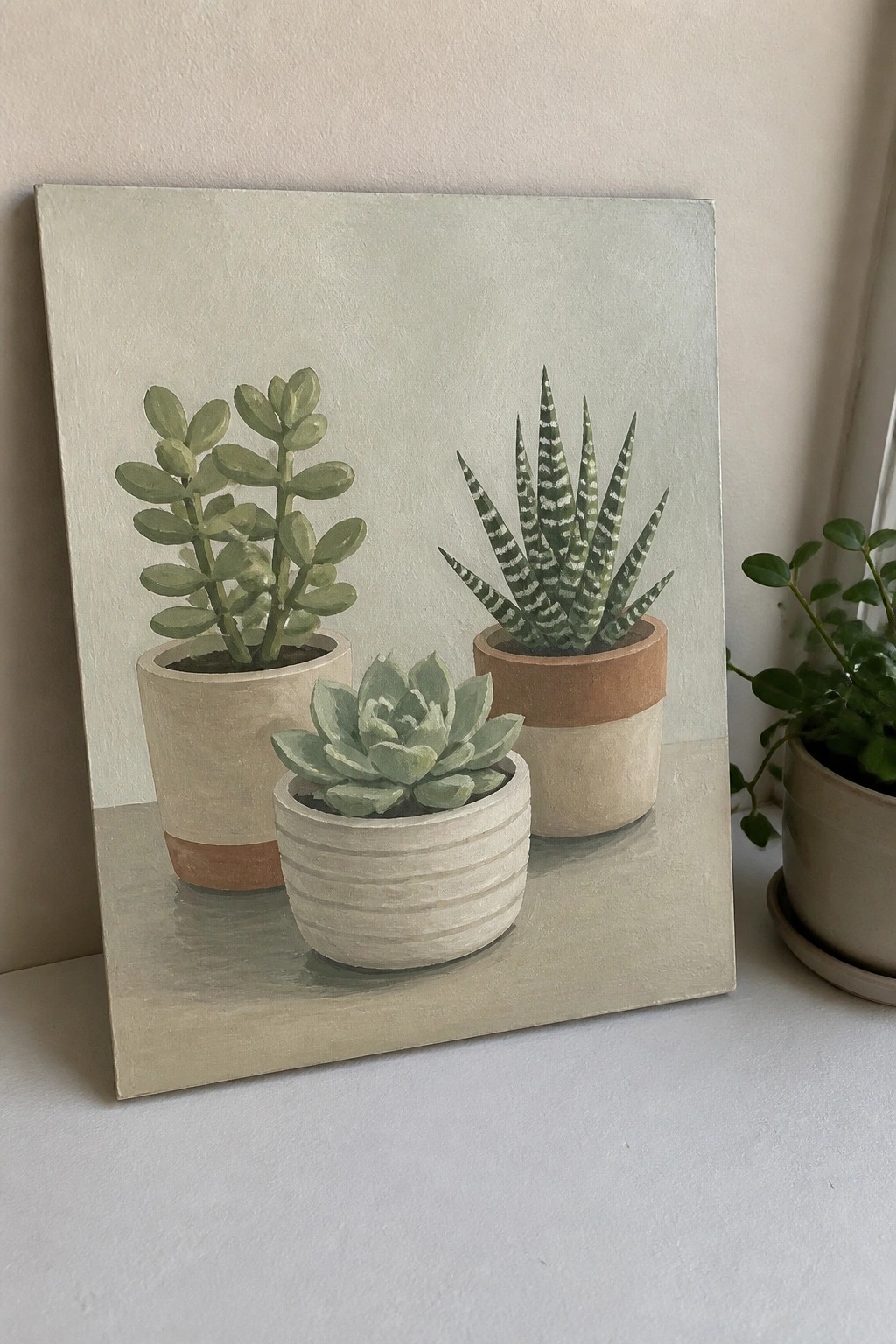 Painting of three succulents in ceramic pots on a pale surface