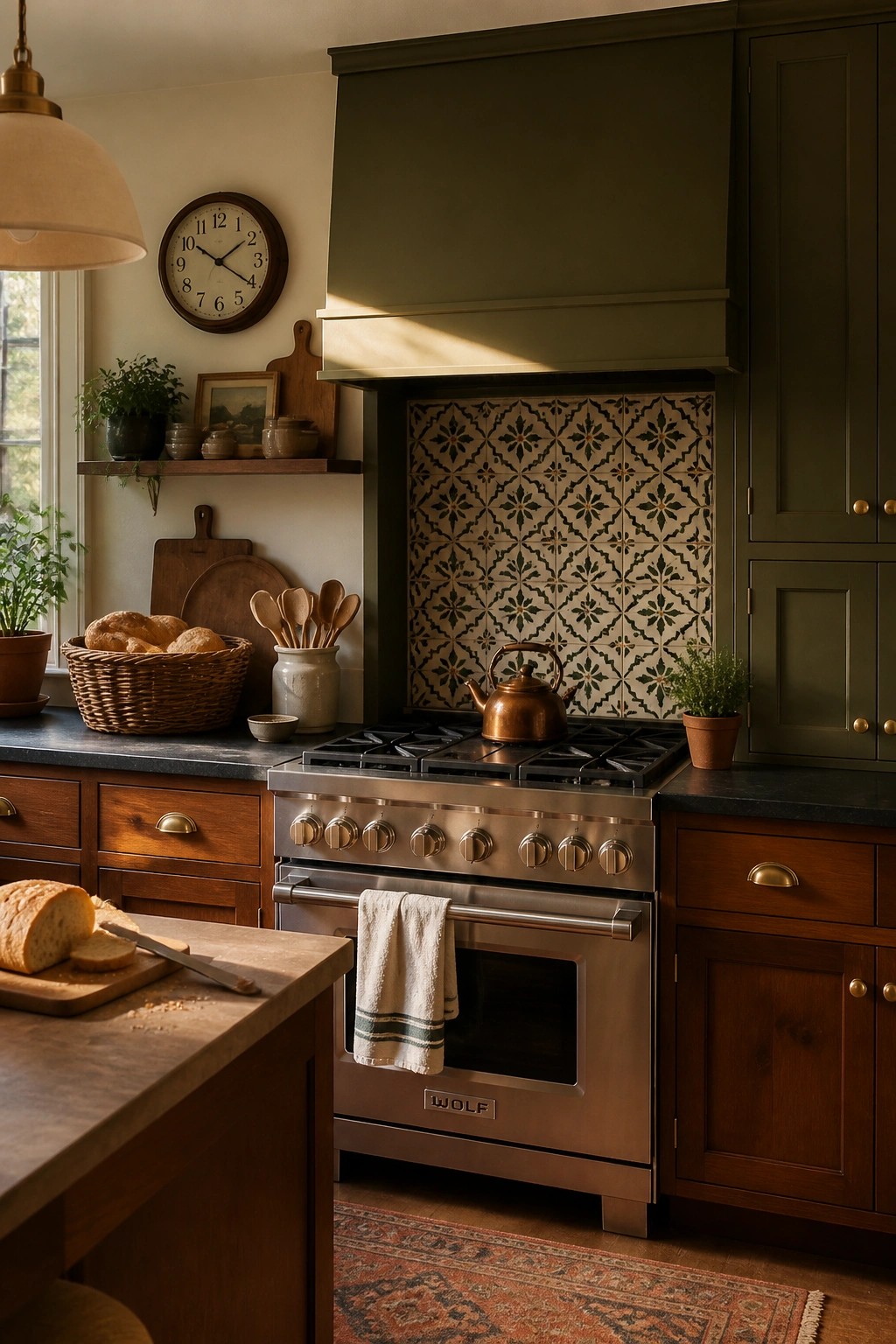 Dark green kitchen cabinets and range hood paired with warm wood and dark counters.