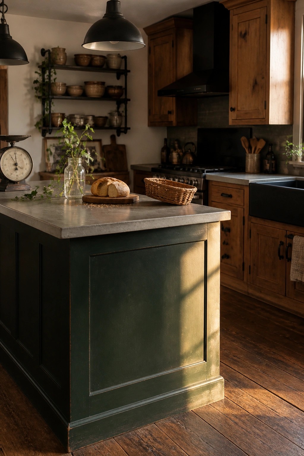 Deep green kitchen island painted against warm wood cabinets and flooring.