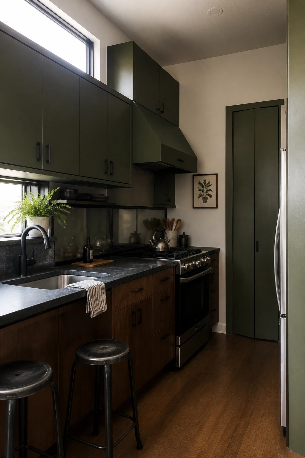 A kitchen with deep green upper cabinets and range hood next to warm wood lower cabinets.