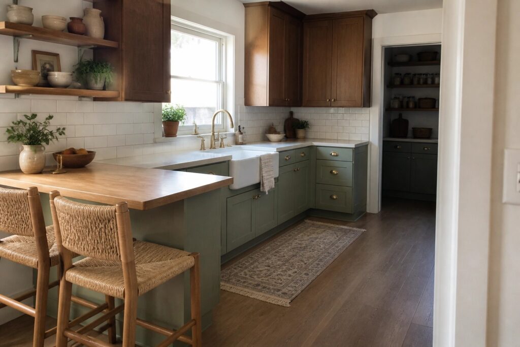 17 Smart Green Kitchen Paint Colors for Warm Wood Cabinets Sage green kitchen cabinets paired with warm wood island and stools.
