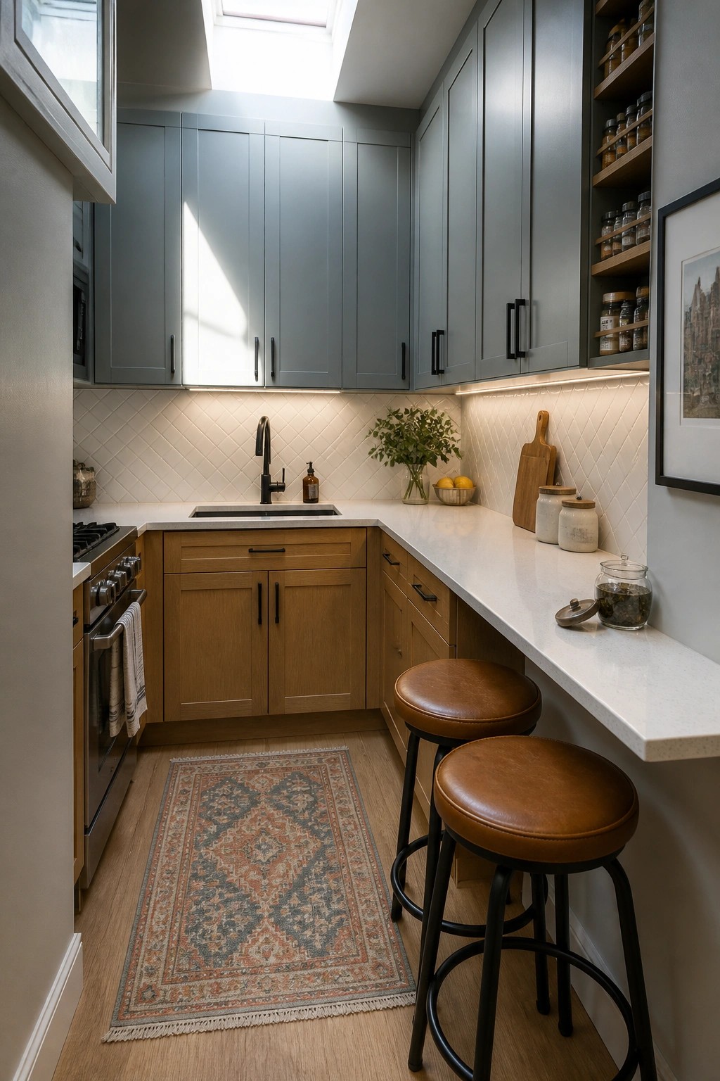 Narrow kitchen with gray cabinets, white counter, brown leather stools, and wooden floor.