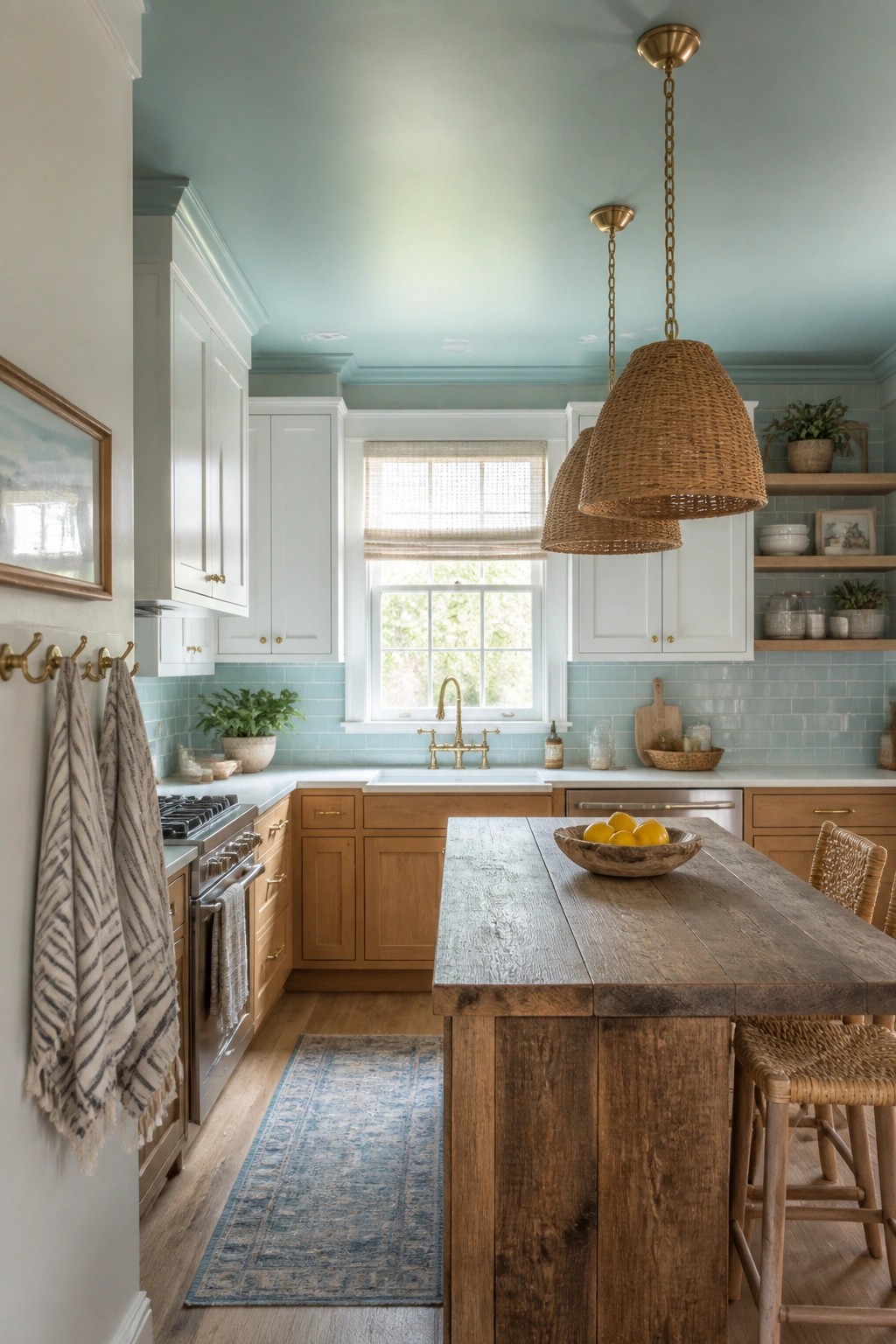 A kitchen with soft light green ceiling paint above white upper cabinets and warm wood lower cabinets.