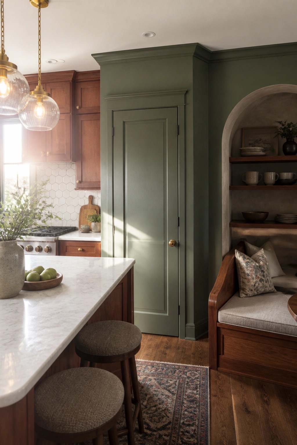 Sage green kitchen with marble island, wooden stools, arched bench nook, and pendant lights.
