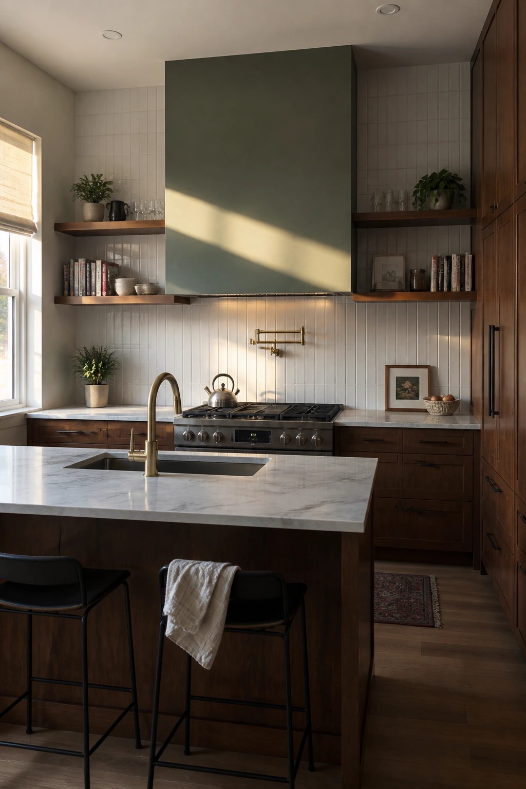 Modern kitchen with marble island, dark wood cabinets, green range hood, and floating shelves.