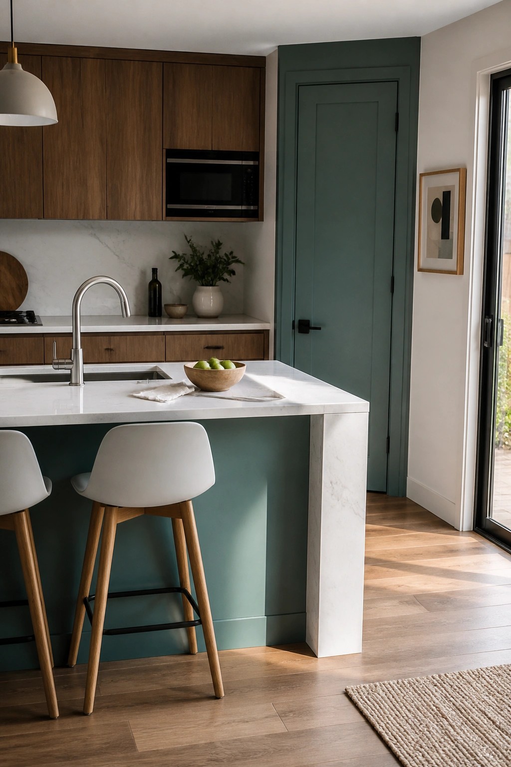 Modern kitchen with teal island, marble counters, wooden stools, and bowl of apples.