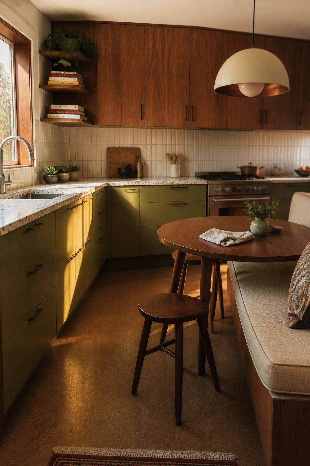 Olive green kitchen cabinets paired with warm wood cabinetry and a wood table.