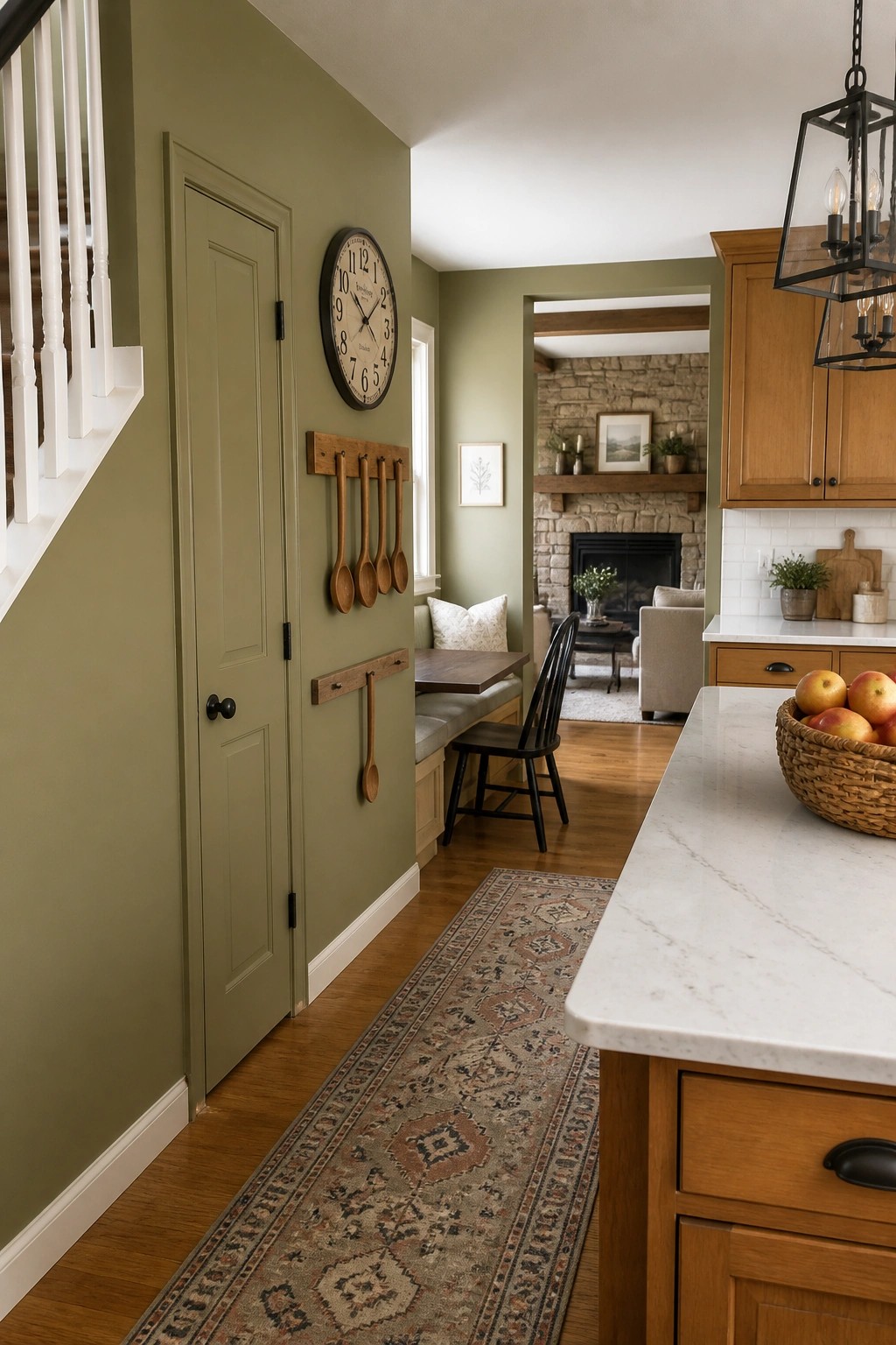 Green kitchen with marble island, wooden cabinets, wall clock, dining nook, and fireplace