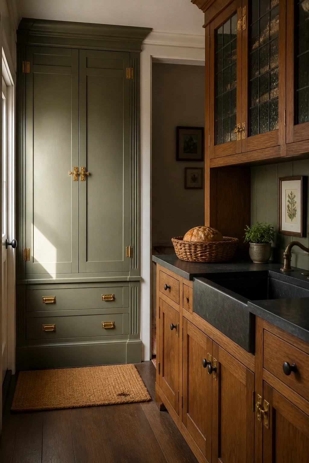 Green painted pantry cabinet next to warm wood kitchen cabinets and a black sink.