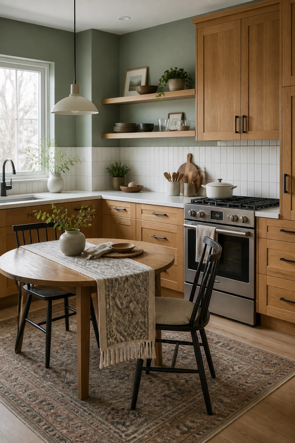 A kitchen with soft sage green walls paired with warm wood cabinets and white tile.