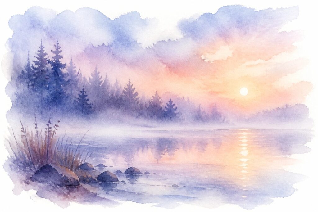 19 Soft Watercolor Landscape Painting Ideas for Misty Skies and Light Washes Watercolor landscape of a misty lake at sunrise with pine trees reflected in calm water under a sky of soft blue purple and orange hues