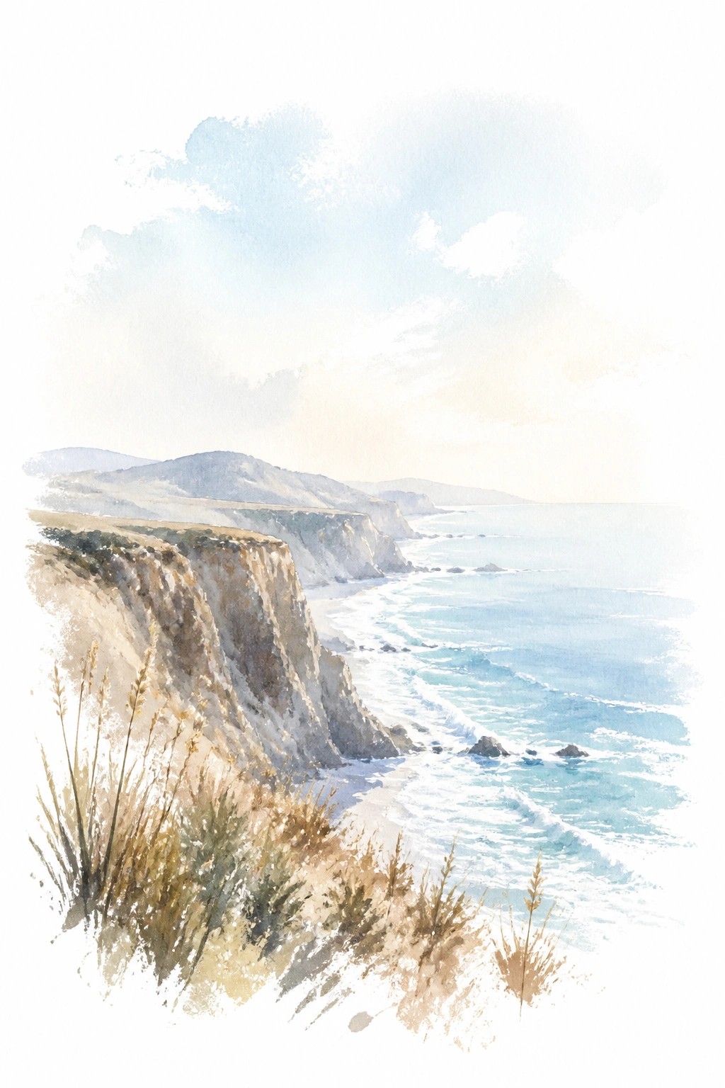 Watercolor landscape of coastal cliffs meeting the ocean with misty skies and dry grass in the foreground