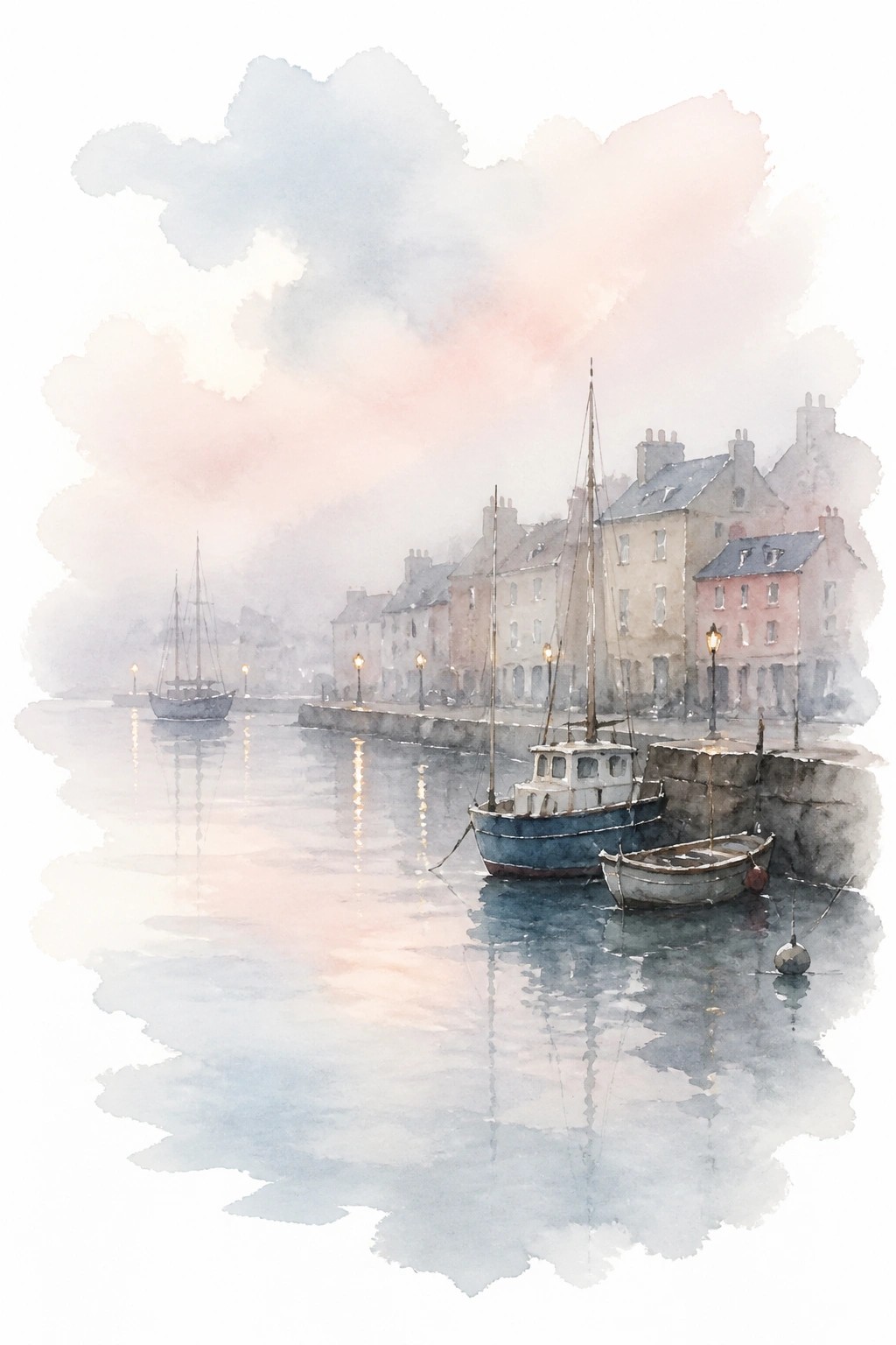 Watercolor landscape of a misty harbor with boats moored by colorful buildings under pink and blue skies with soft reflections on the water