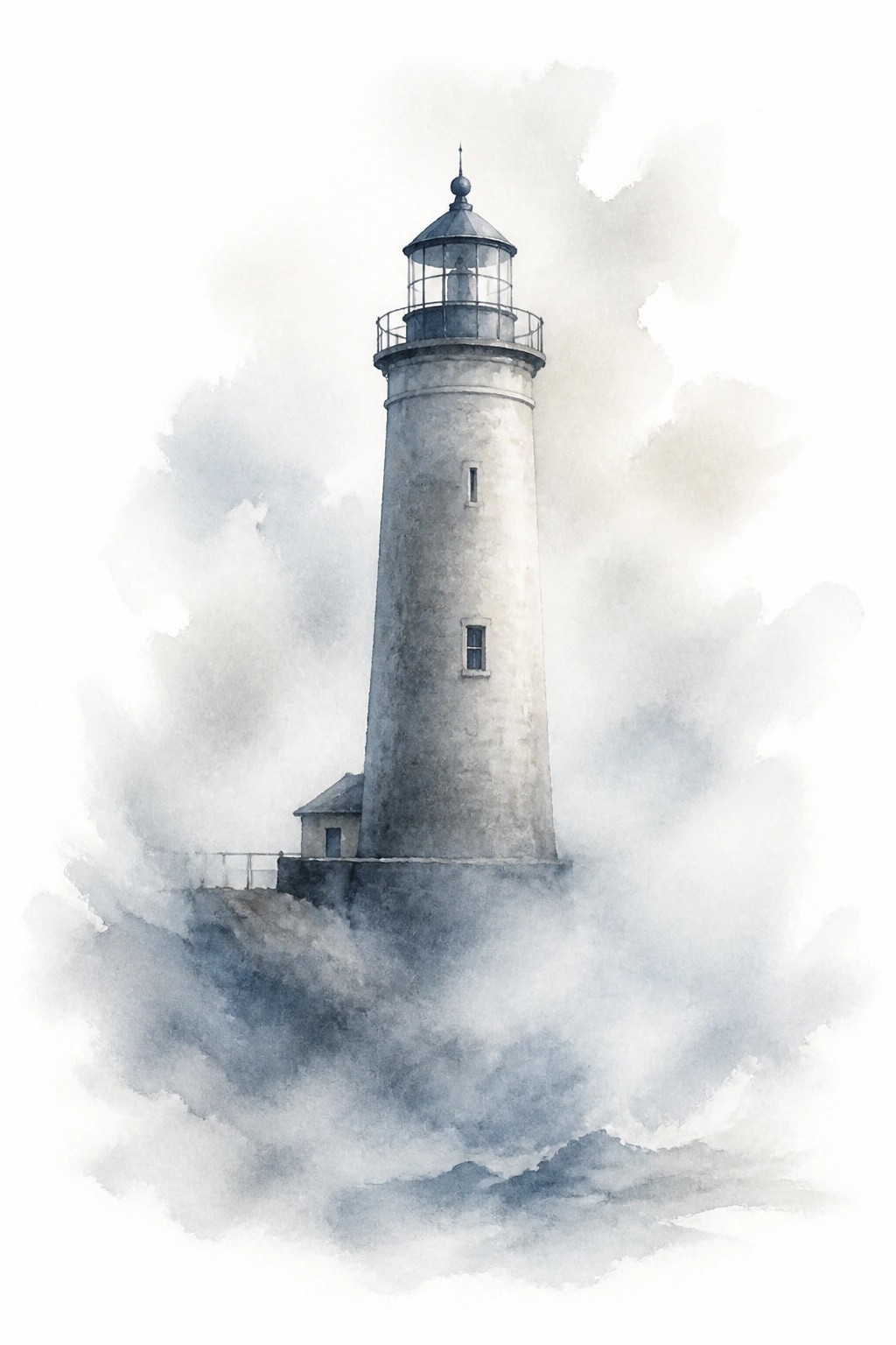 Watercolor painting of a white lighthouse tower rising through layers of soft blue gray mist and clouds on a rocky outcrop.
