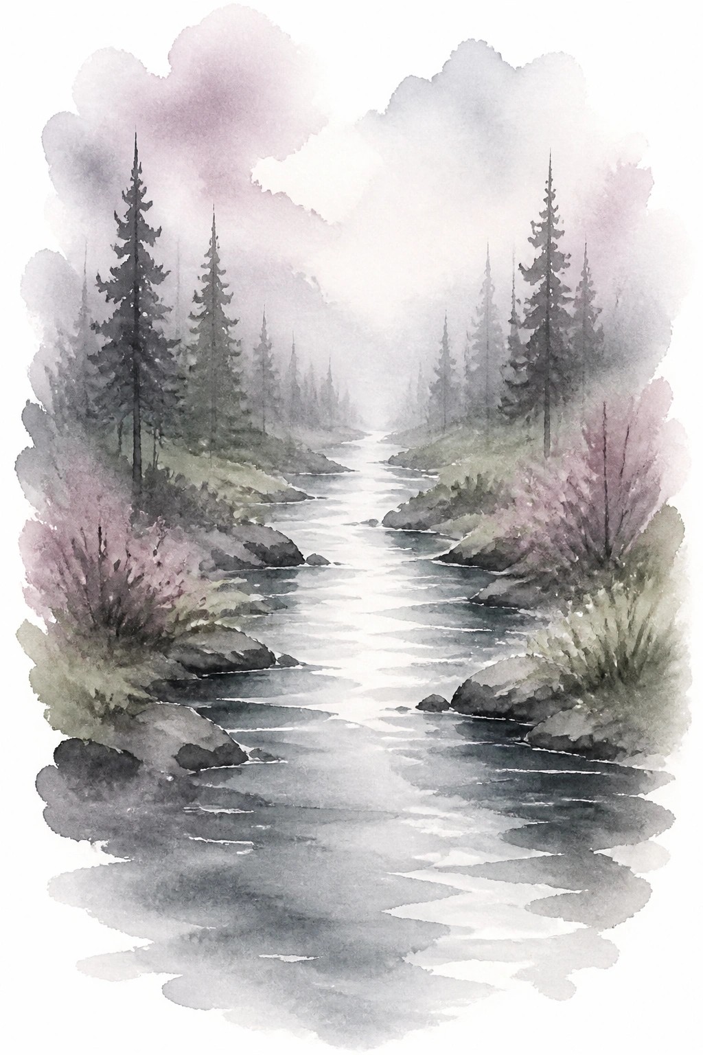 Watercolor landscape of a misty river with pine trees and pink bushes in soft gray and lavender tones