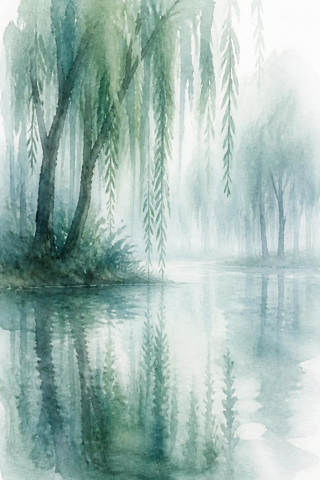 Watercolor landscape of weeping willow trees by a misty lake with soft green reflections in calm water