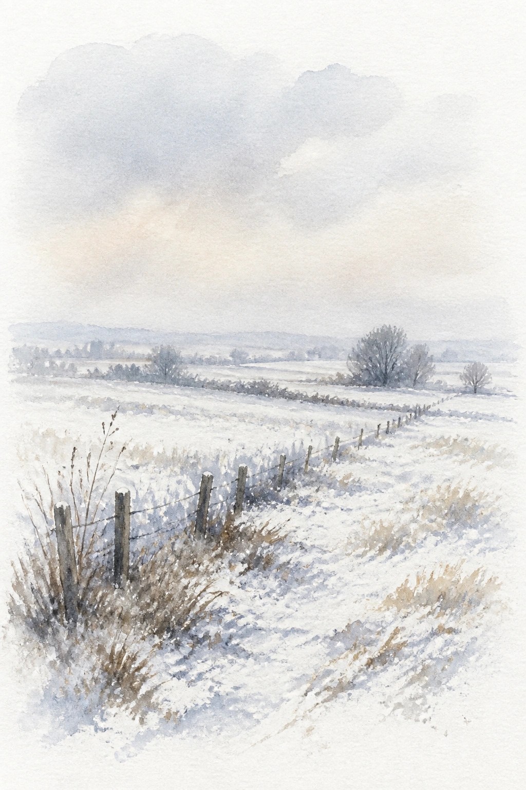 A soft watercolor of a snowy field with a fence line, distant trees, and misty skies in cool muted tones.