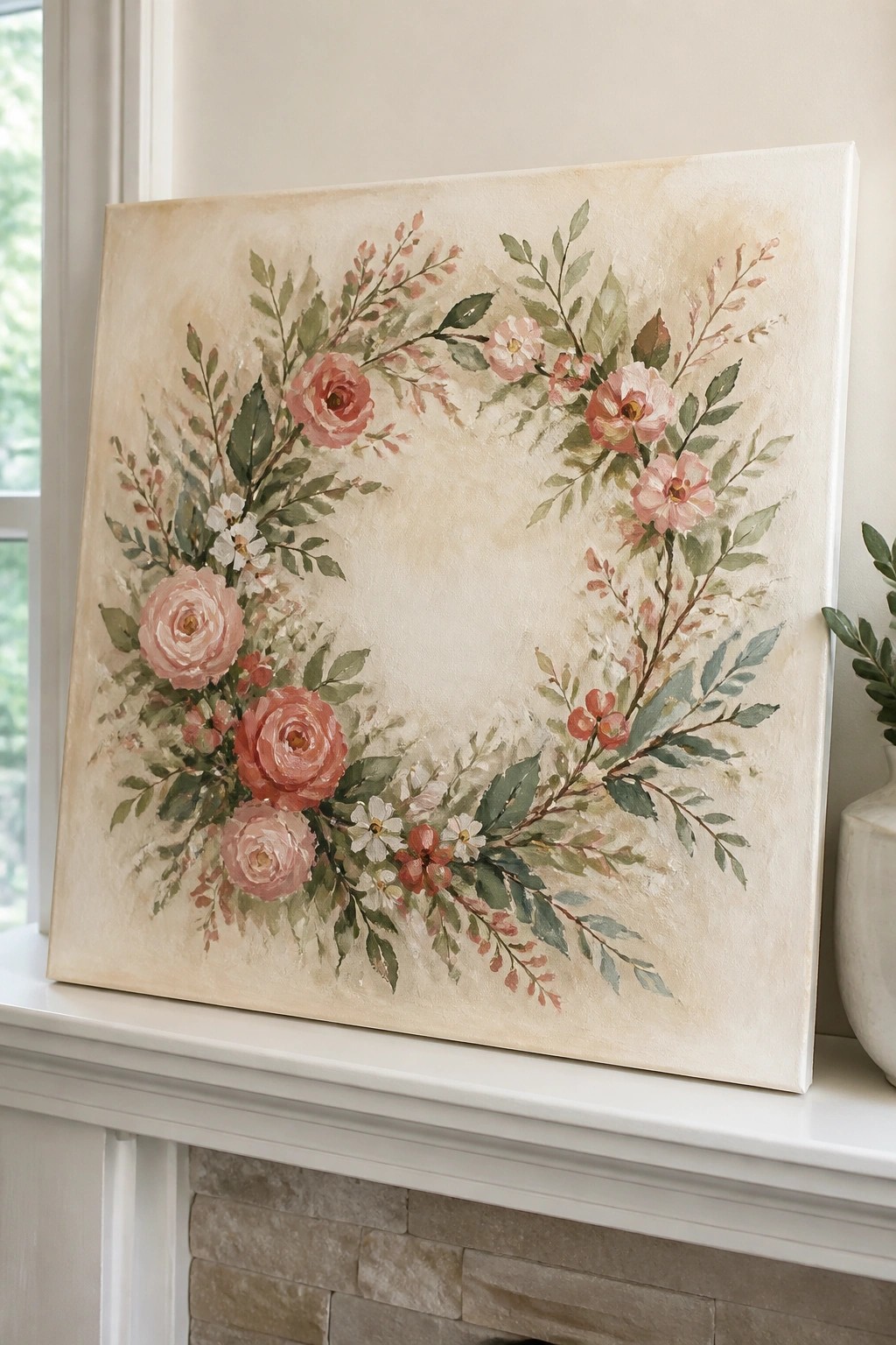 Pink rose wreath painting on canvas atop white stone fireplace mantel.