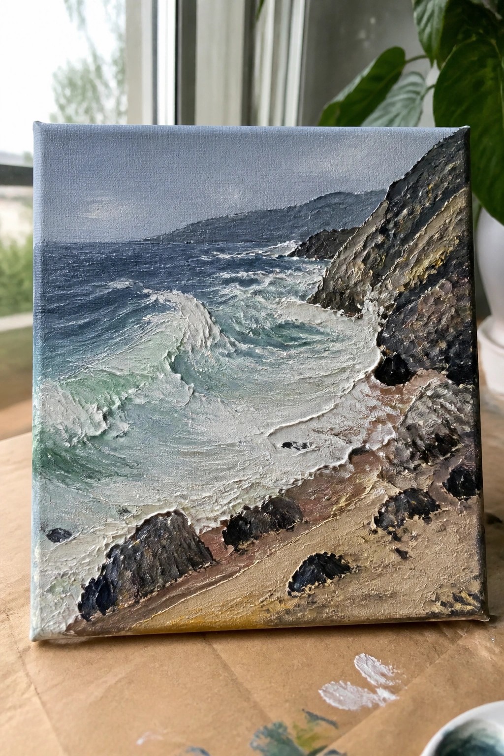 Textured oil painting of white waves crashing on dark rocky cliffs under gray sky.