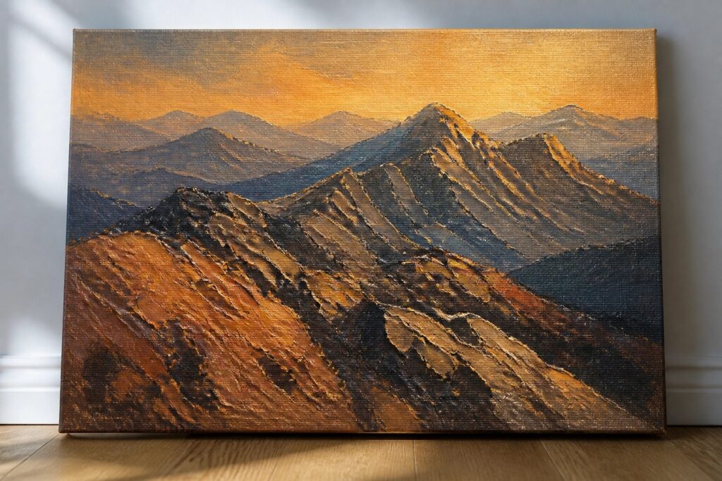Textured oil painting of rugged mountains glowing under a vibrant orange sunset sky.