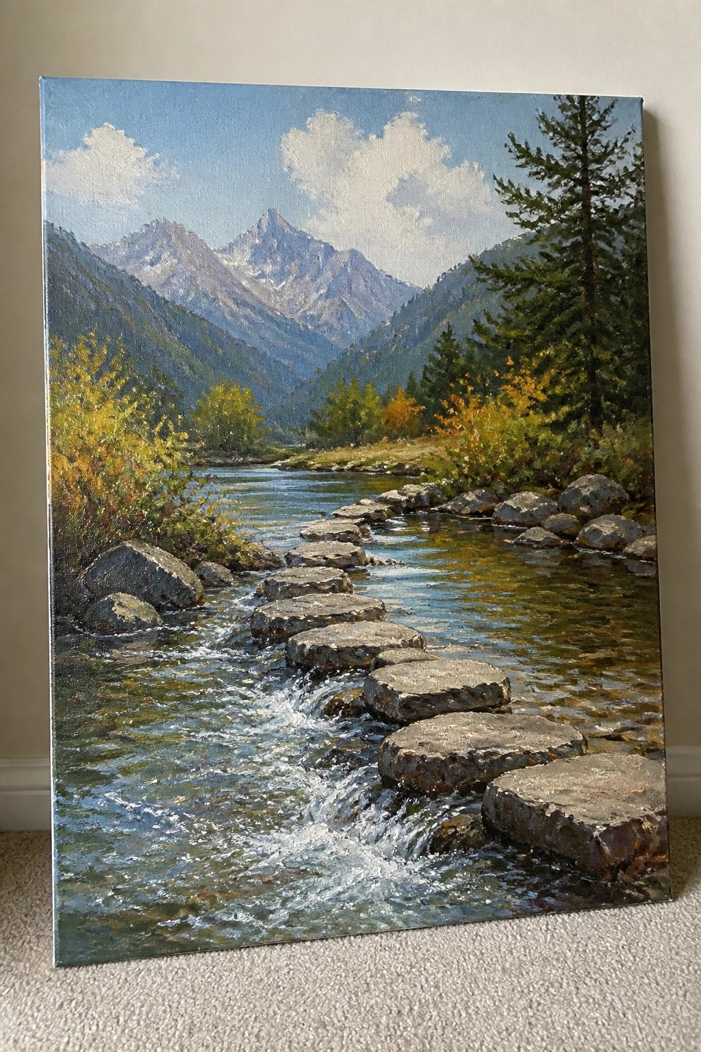 Painting of river with stepping stones amid autumn trees and snowy peaks