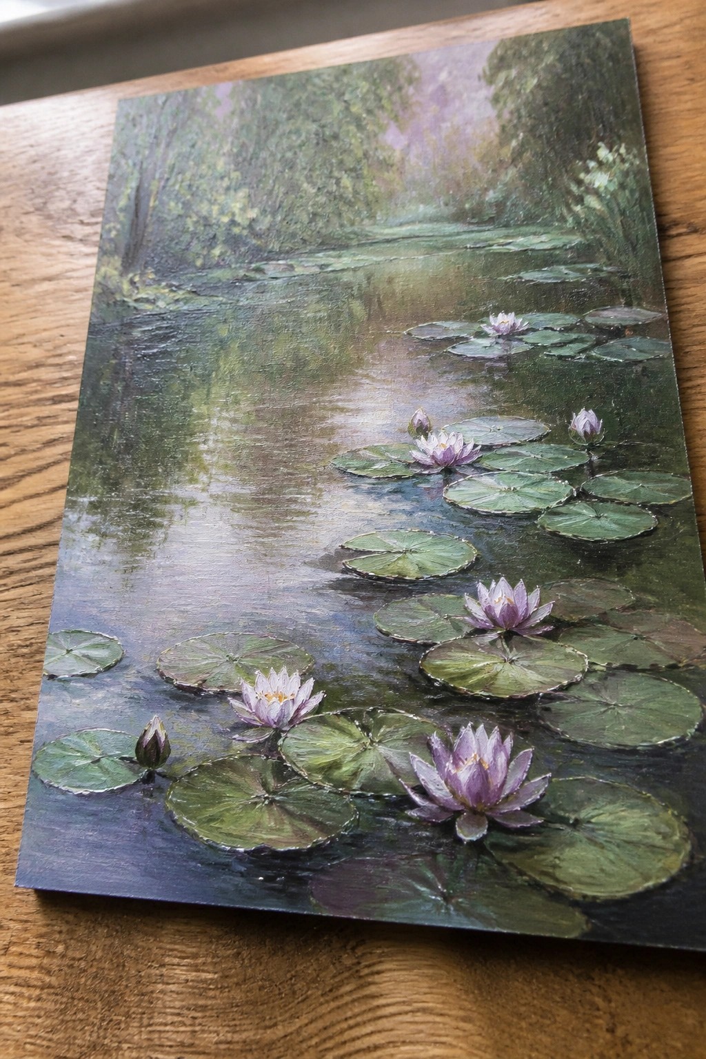 Several purple water lilies bloom among green pads on a misty forest pond.
