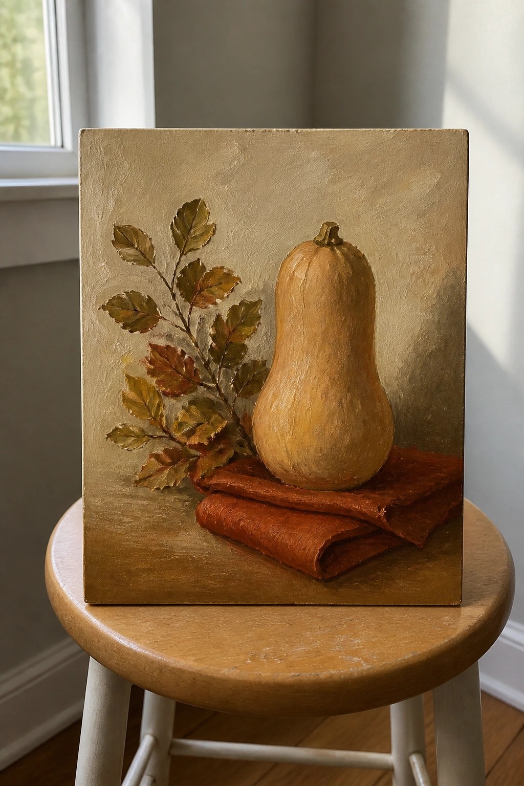 Canvas painting of butternut squash on orange cloth with autumn leaves on stool.