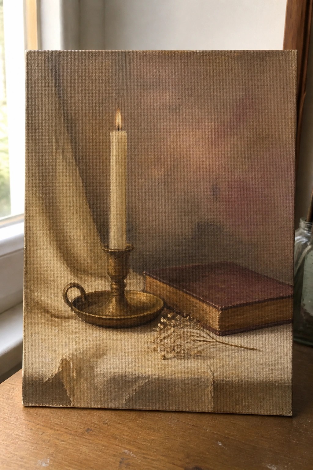 Lit candle in brass candlestick beside old book and dried flowers on draped cloth