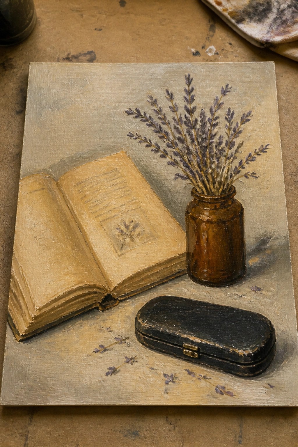 Still life painting of open book, lavender in brown jar, and black case.