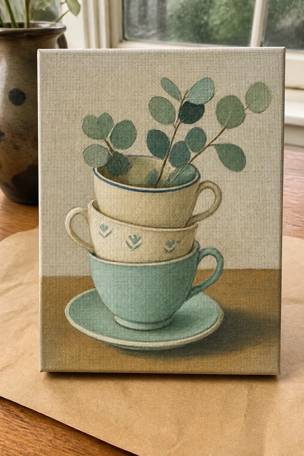 A canvas shows three stacked teacups in teal and cream tones with a leafy branch inside the top cup resting on a wooden surface.