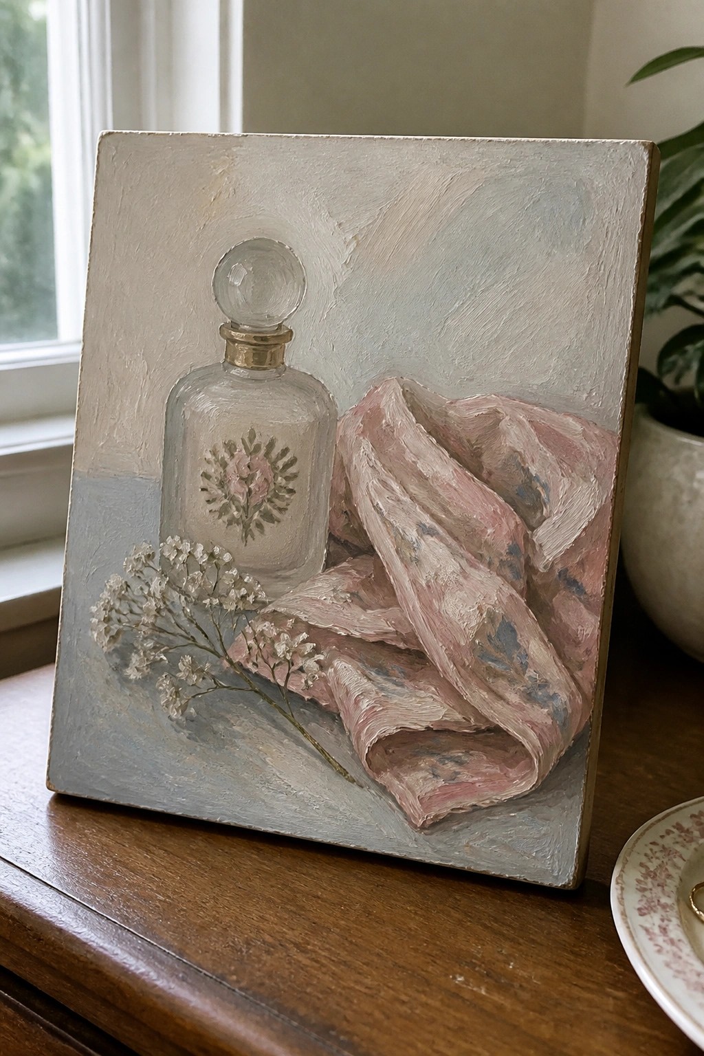 Still life painting of glass perfume bottle, pink fabric, and white flowers.