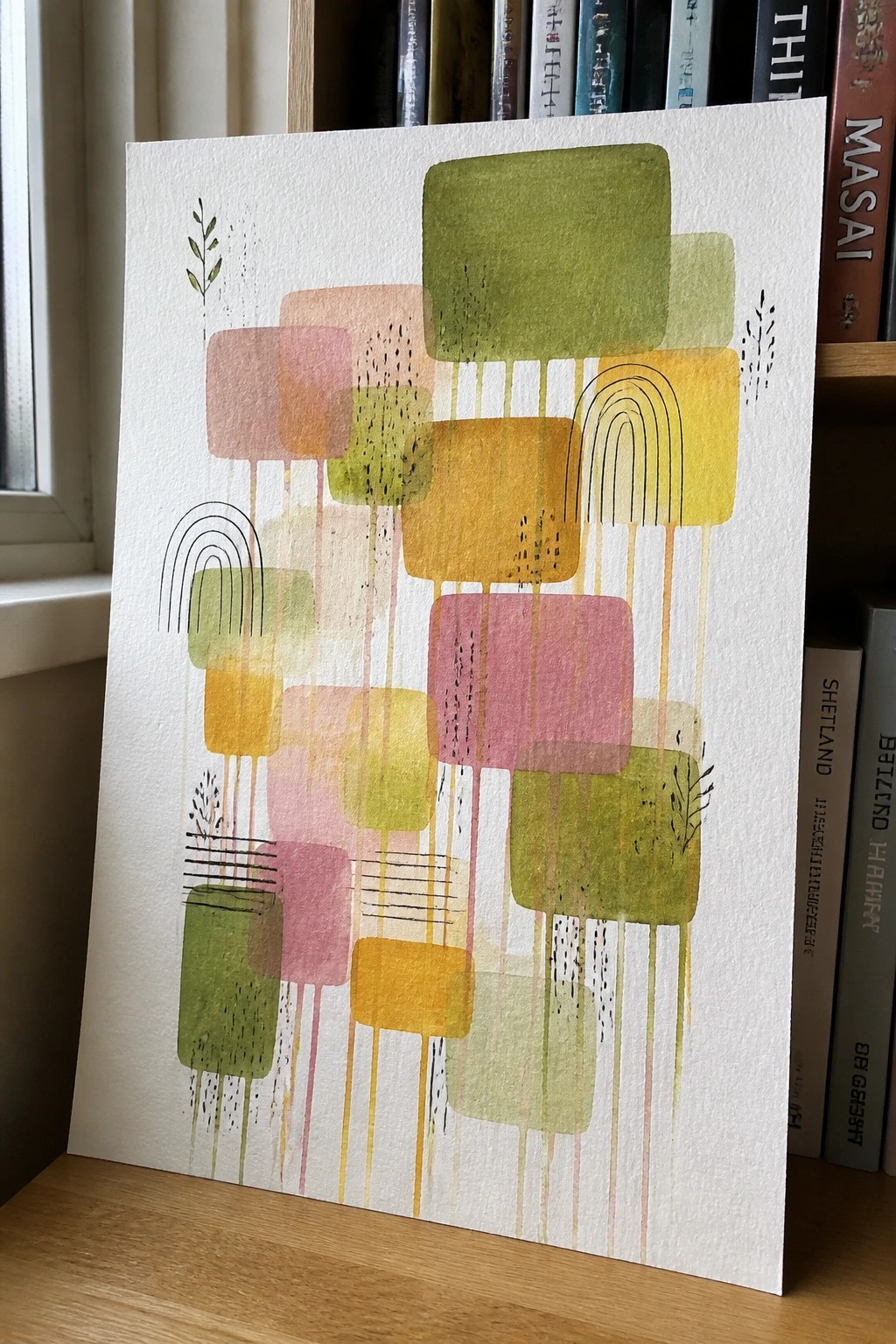 Abstract watercolor with overlapping pastel rectangles, arcs, and botanical motifs against books