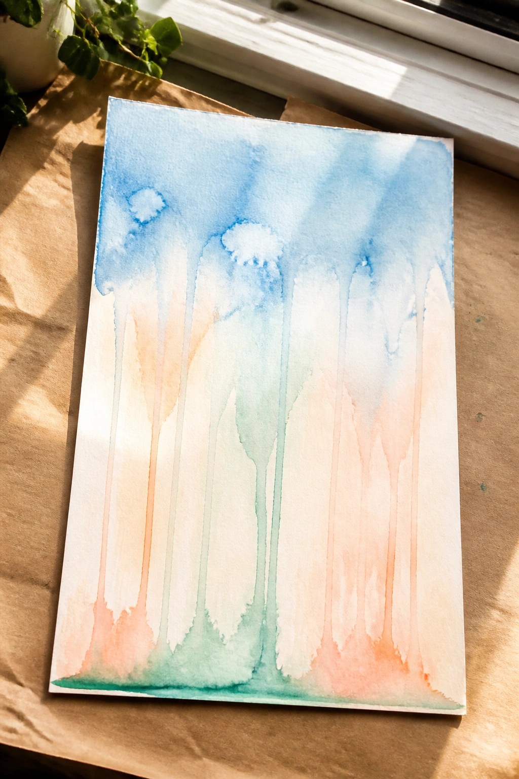 Watercolor painting with blue sky, white clouds, and colorful vertical drips on paper.