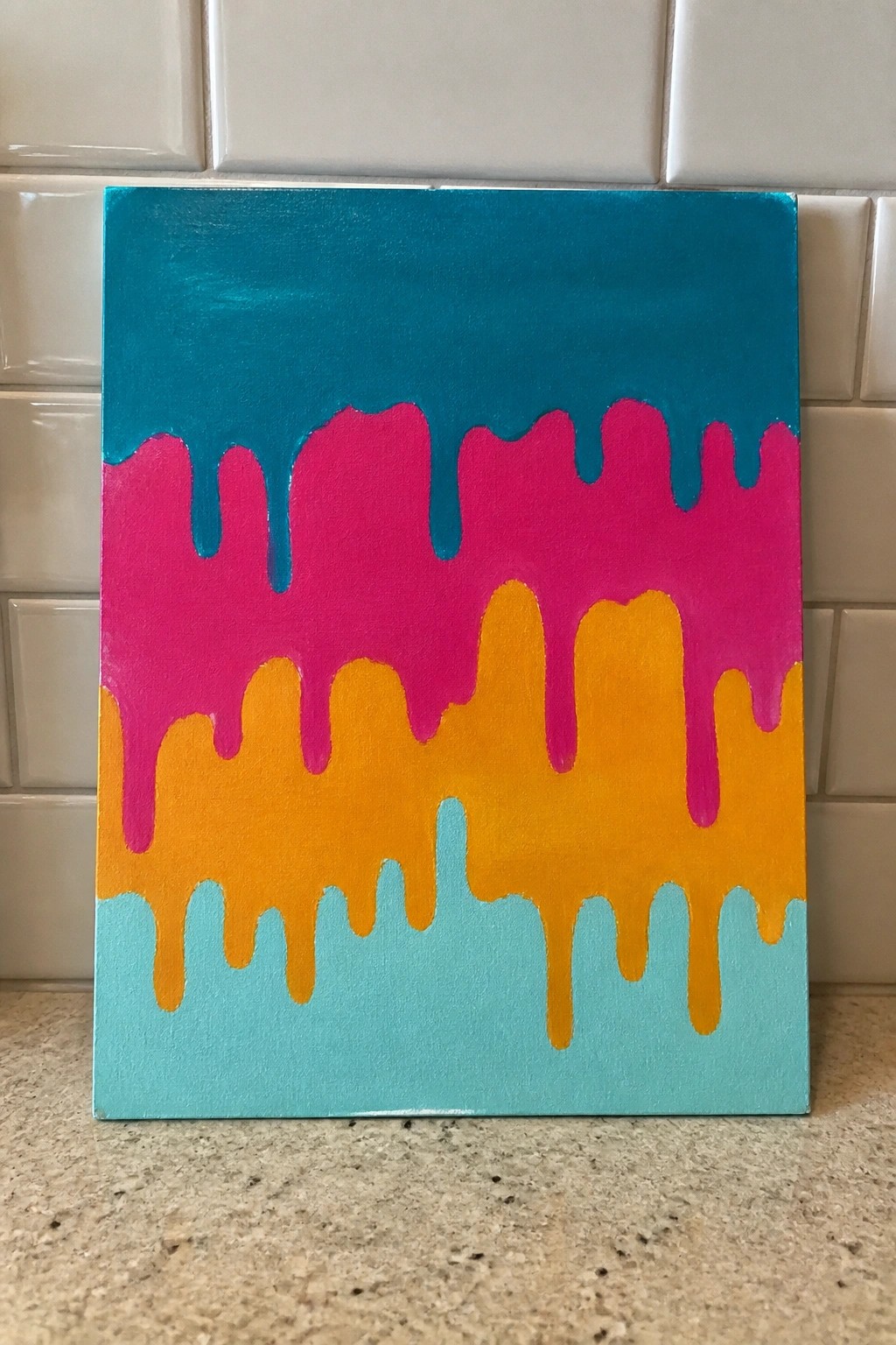 Vibrant abstract canvas with dripping layers of teal, pink, orange, and cyan.