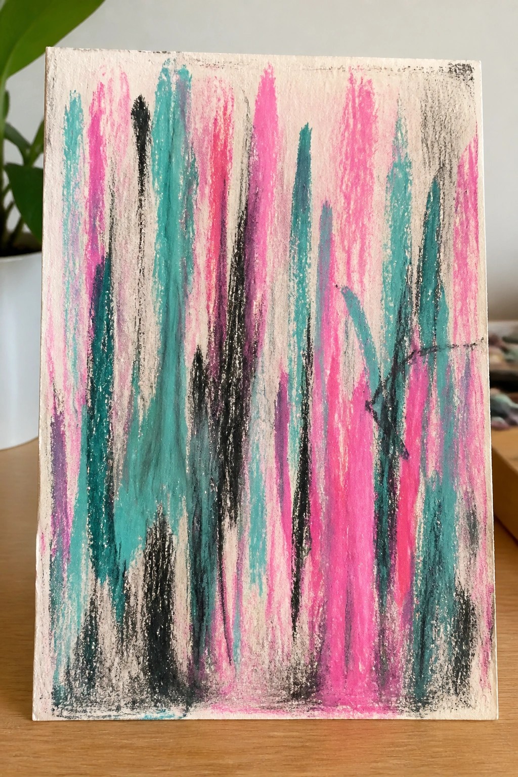 Abstract painting with bold vertical strokes in pink, teal, black, and purple