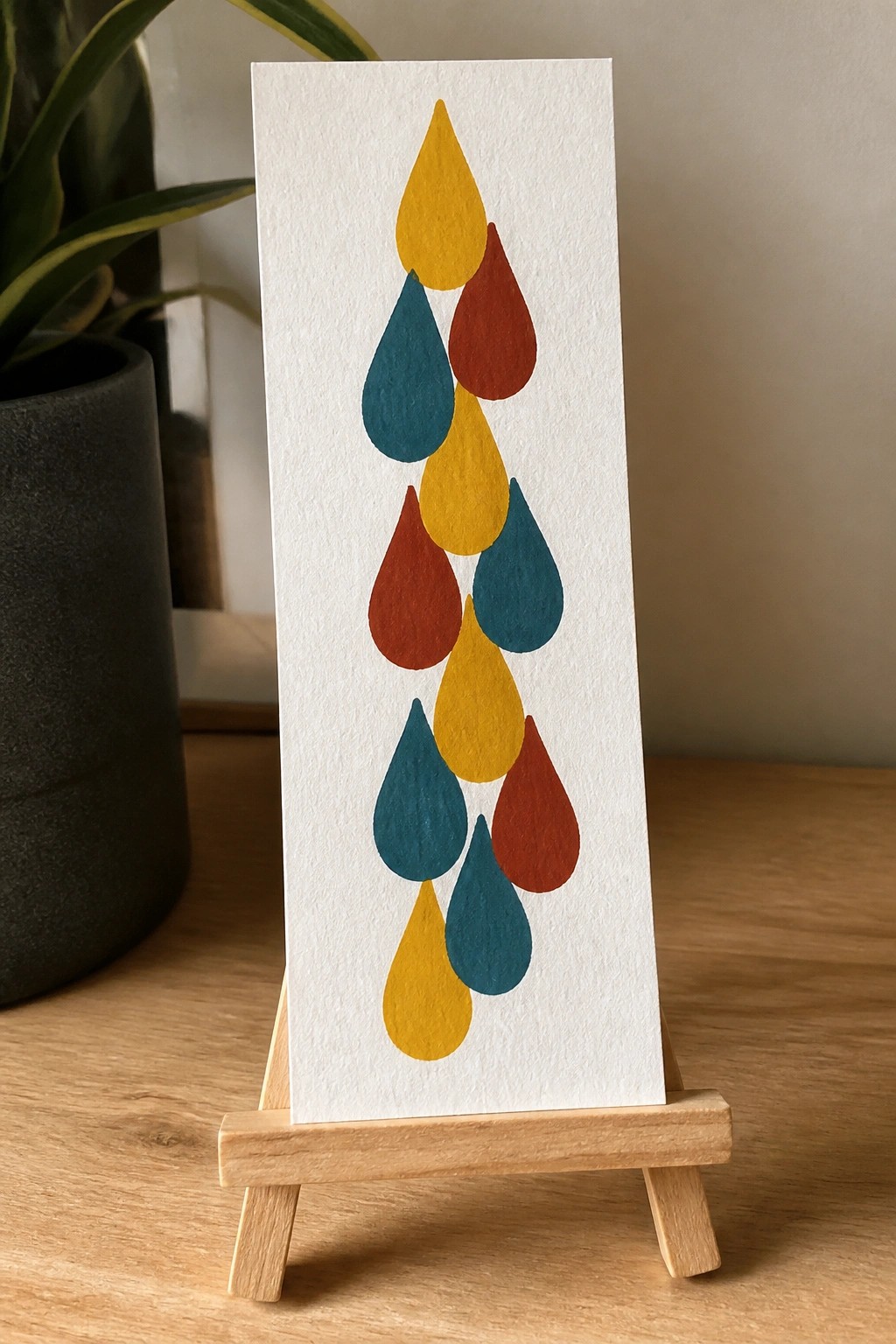 Colorful yellow, teal, and rust teardrops on white card atop wooden easel