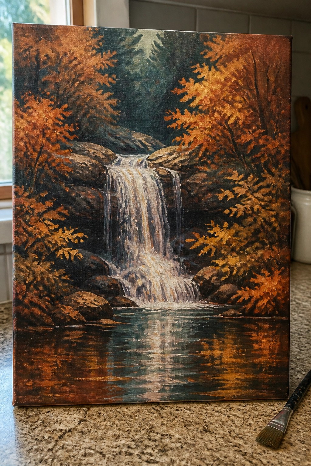 Realistic painting of autumn waterfall cascading into rocky pool with orange foliage and reflection