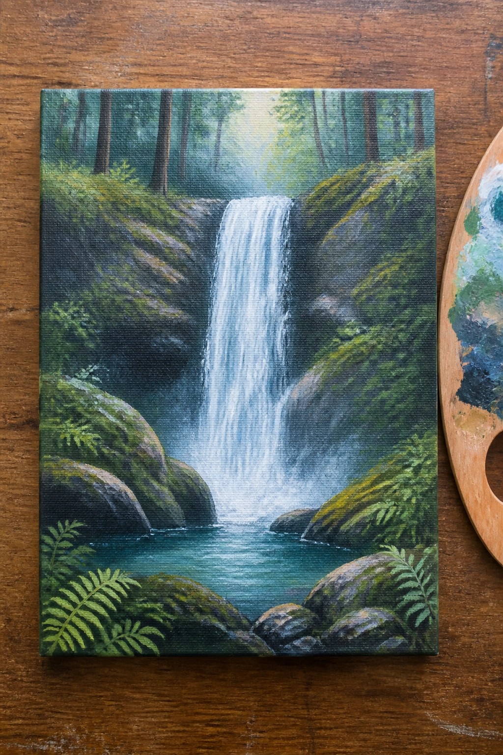 Painting of misty waterfall cascading into forest pool on canvas beside paint palette.