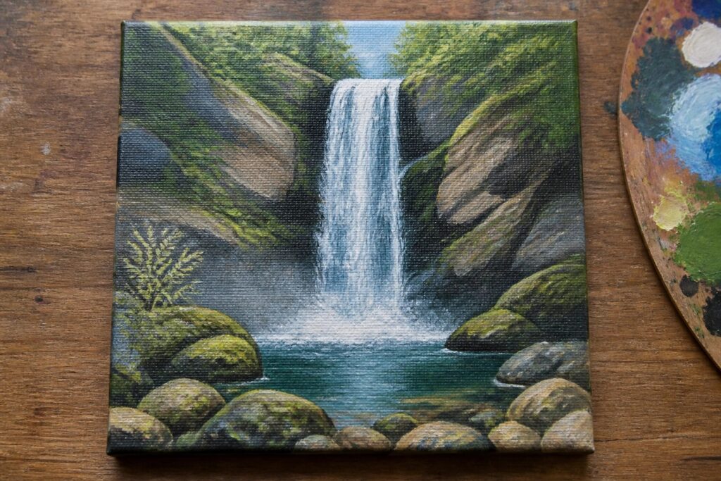 Painting of misty waterfall cascading into forest pool on canvas beside paint palette.