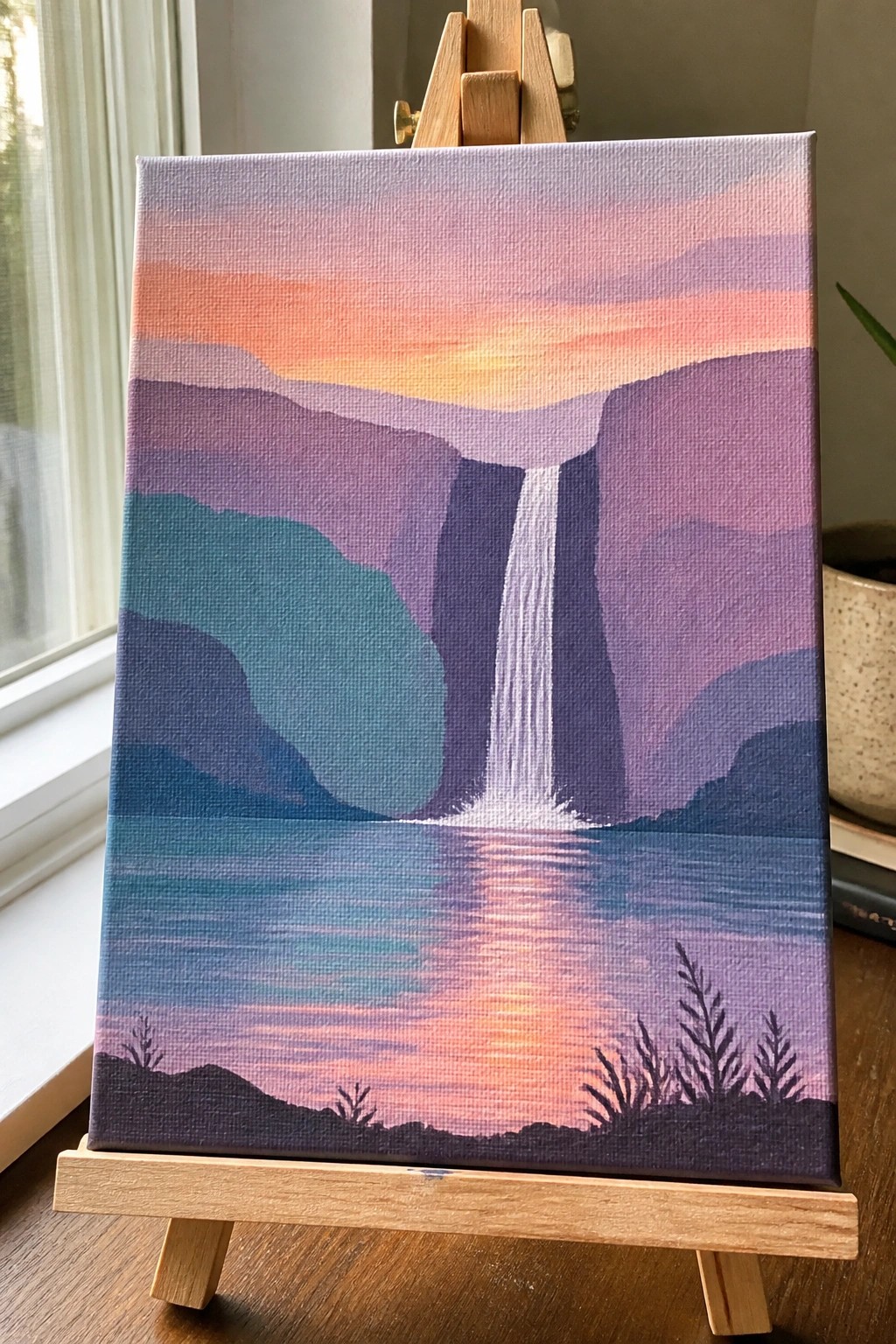 Vibrant sunset painting of waterfall cascading into lake on wooden easel