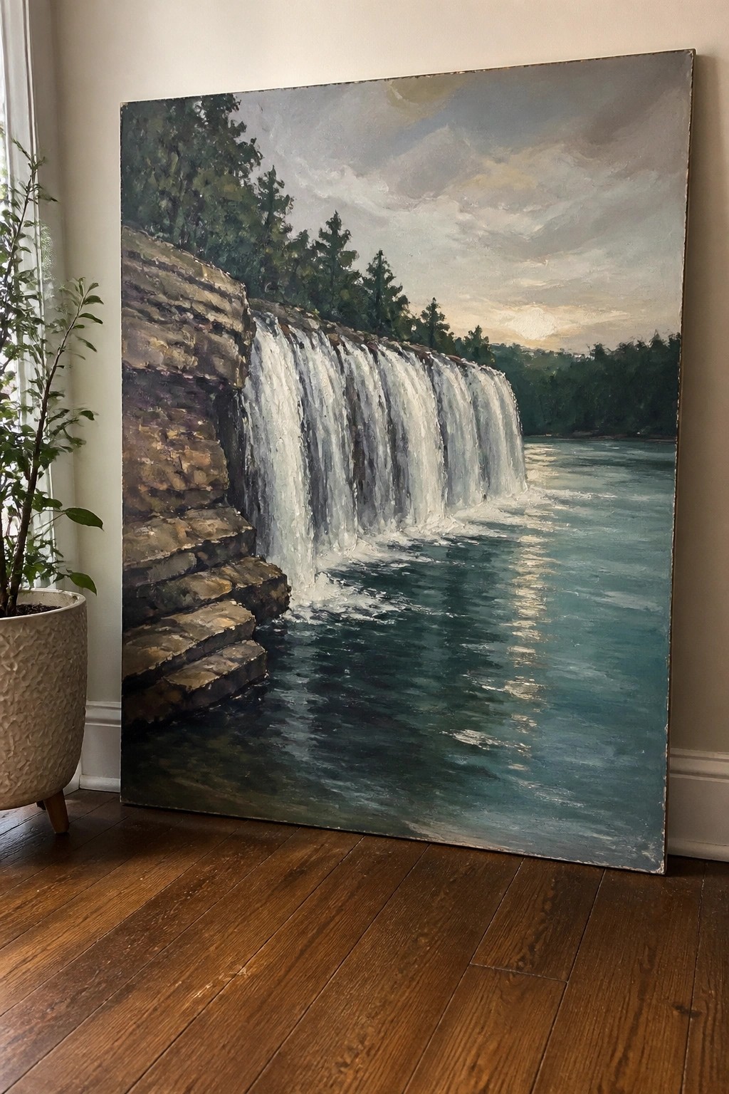 Acrylic painting of a multi-tiered waterfall flowing over rocky cliffs into blue water with trees in the background.