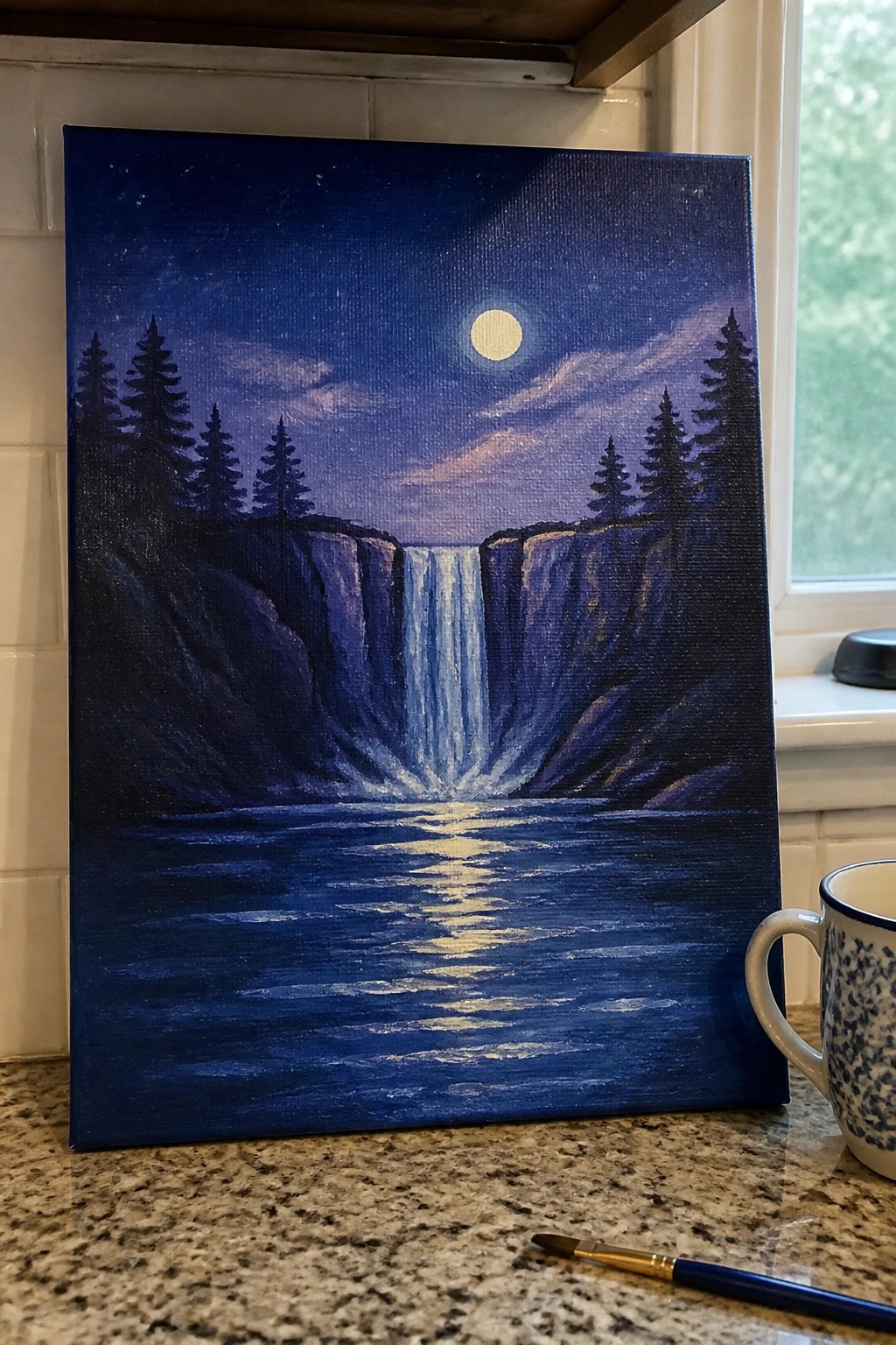 Moonlit waterfall painting on canvas beside mug and paintbrush on counter