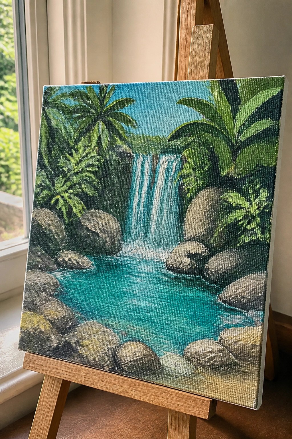 Vibrant painting of turquoise waterfall pool amid rocks and tropical palms on wooden easel.