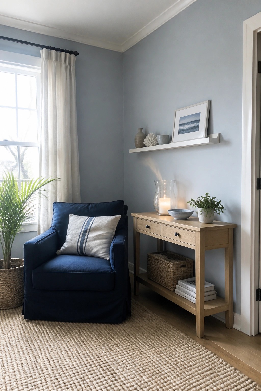 Navy blue armchair beside wooden console table with lit candle on jute rug