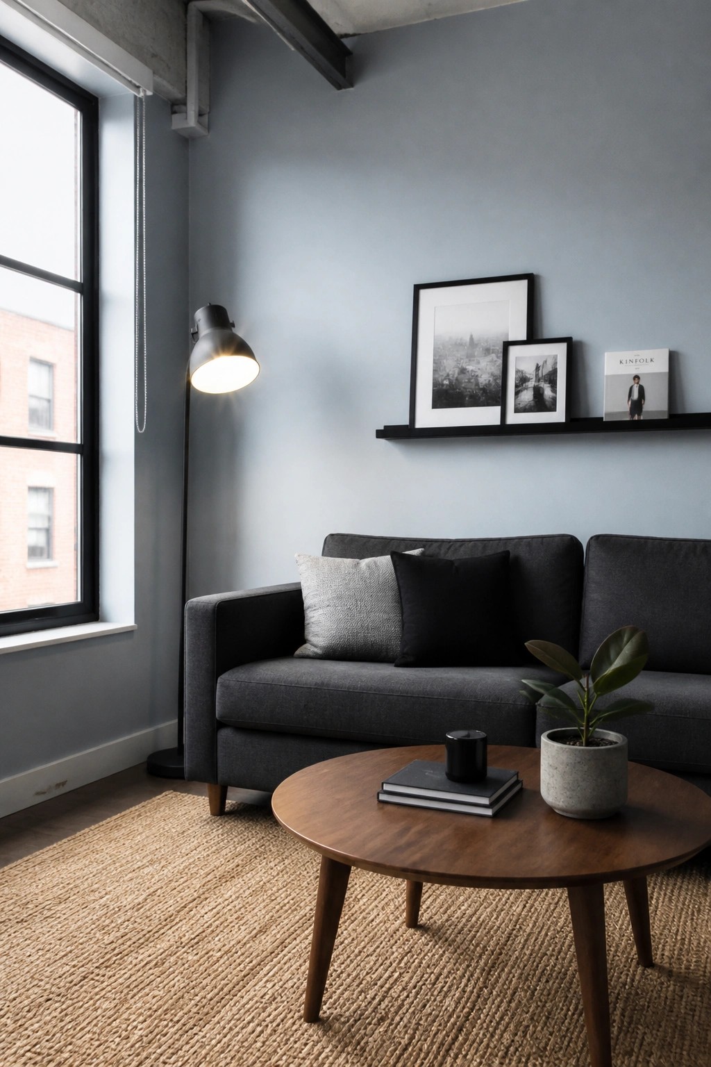 Small living room with cool blue gray walls, a dark sofa, and warm wood accents.